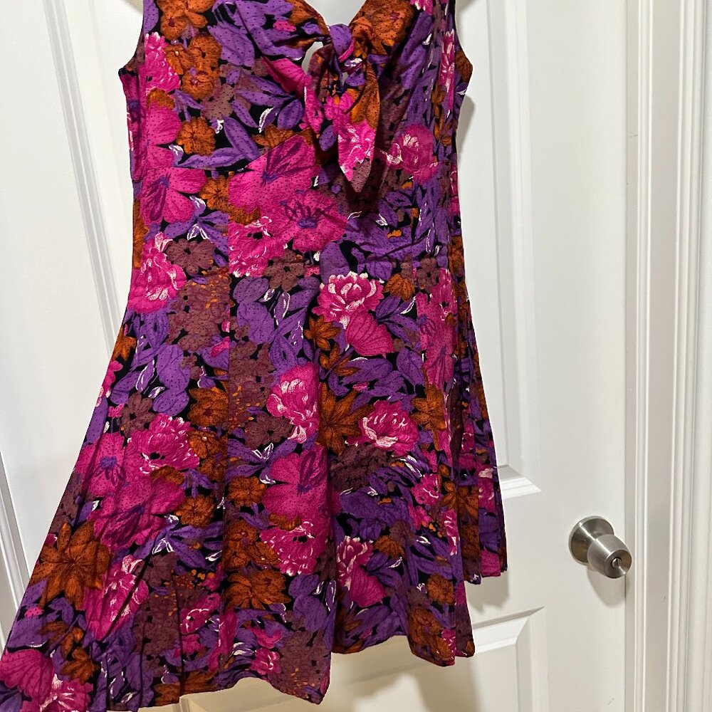 Vintage Wine Colored Floral Fit & Flare Mini Dress, Size L - Picture 3 of 9